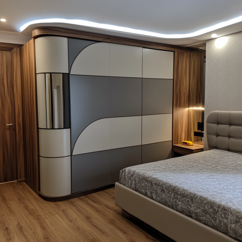 Modern Bedroom With Curved Wardrobe and Upholstered Headboard