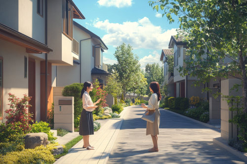 Modern Japanese women chatting in upscale residential neighborhood.
