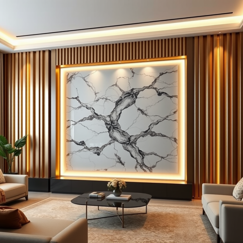 Modern Living Room with Golden and Marble Walls