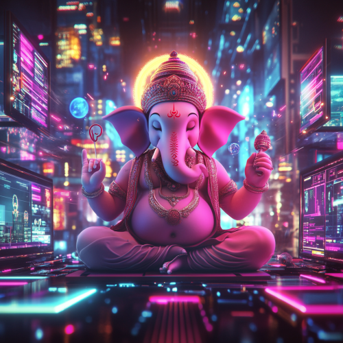 Modern Lord Ganesha surrounded by digital marketing metrics and tools.