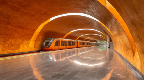 Modern Metro Station with Yellow Line and Marble Finishes