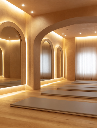 Modern Pilates Room with Mirrors and Parquet Flooring