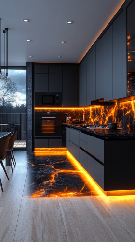 Modern black and white kitchen with smart appliances