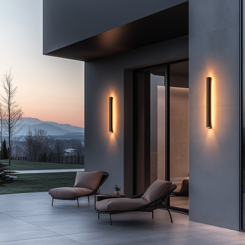 Modern black outdoor wall lights in night ambiance.