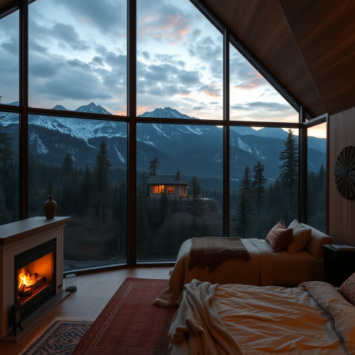 Modern cabin bedroom with fireplace and mountain view