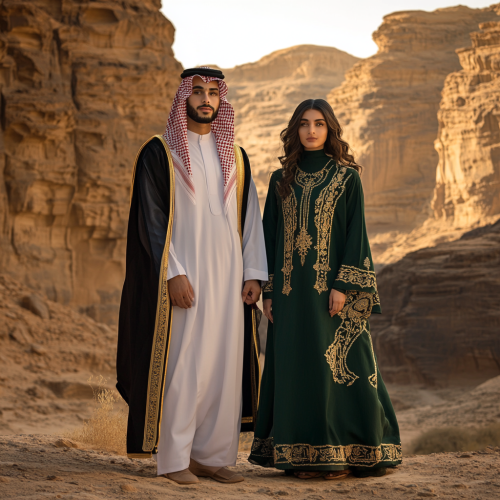 Modern couple in AlUla, Saudi traditional attire Modern couple in AlUla, Saudi traditional attire