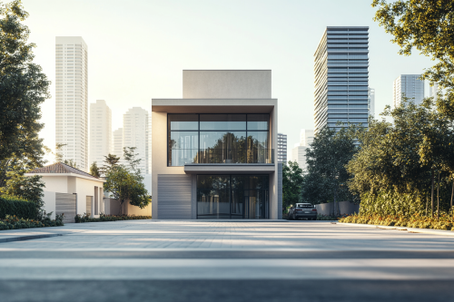 Modern house, commercial building, office tower in city