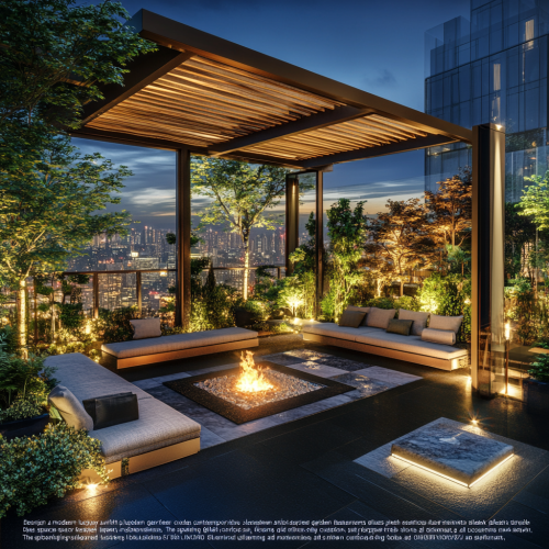 Modern luxury rooftop garden with Japanese-inspired elements at night.