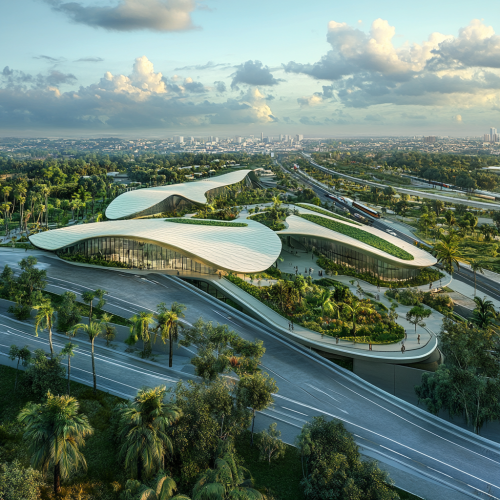 Modern railway station with terrace garden and city view