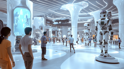 Modern science museum with Indian people observing holograms.