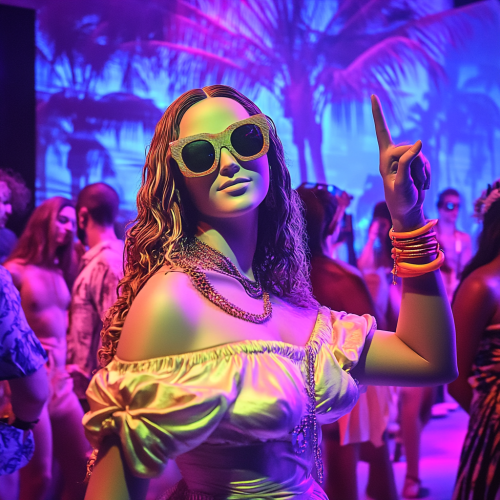 Mona Lisa at Miami Beach club dancing happily.