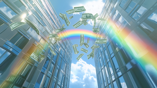 Money flowing from office building windows, rainbow above.