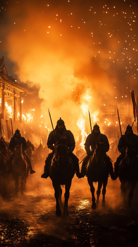 Mongol warriors conquer city in nighttime blaze