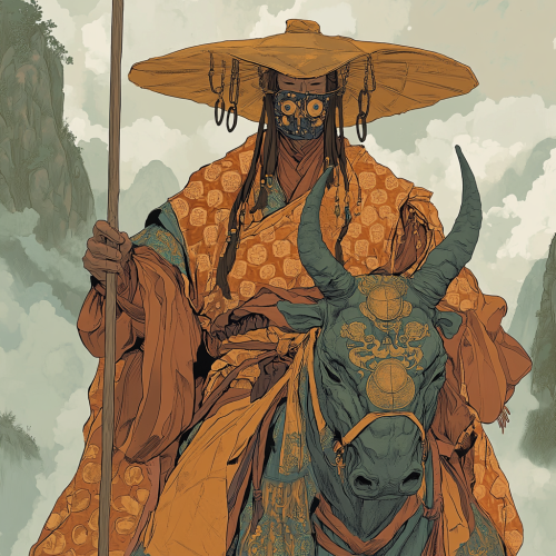 Monk in robe and mask rides ox through mountains.