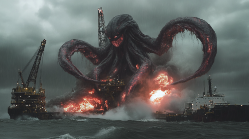 Monster cthulu attacks oil rig in storm