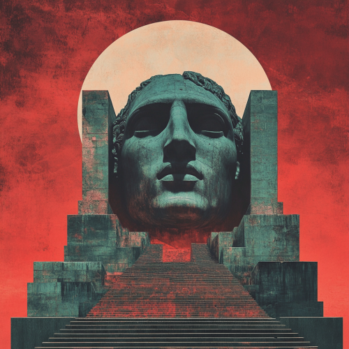 Monumental Album Cover Design: Towering Statue Dramatic Colors 