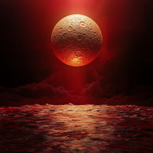 Moon shining above metallic sculpture in red and dark.