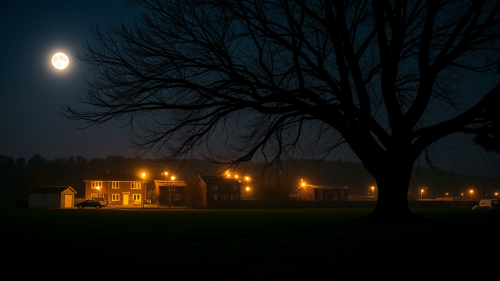 Moonlit Tree and Torch-Lit Houses at Night