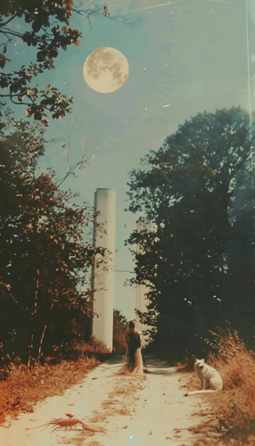 Moonlit forest scene with dog, wolf, and crayfish. Moonlit forest scene with dog, wolf, and crayfish.