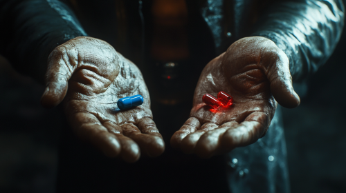 Morpheus offers two pills close up in photo