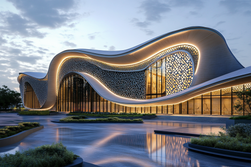 Mosque design with wave-like structure, ocean-blue glass, & greenery. Mosque design with wave-like structure, ocean-blue glass, & greenery.
