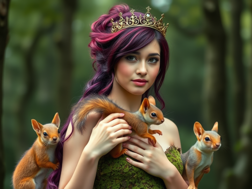 Moss-Dressed Queen with Squirrel in Forest