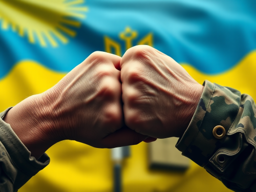 Mother and soldier hold hands under Ukrainian flag.