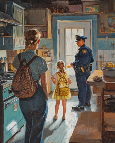 Mother cooking eggs, family getting ready to leave. Mother cooking eggs, family getting ready to leave.
