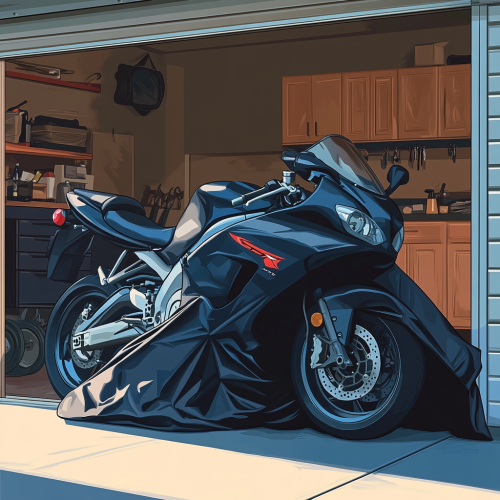 Motorcycle covered with moisture-absorbing material stored in garage. Motorcycle covered with moisture-absorbing material stored in garage.