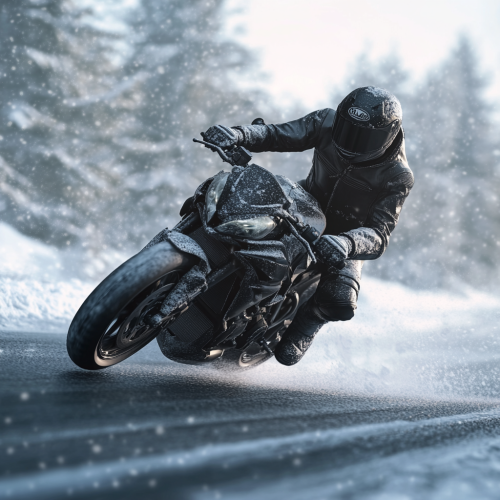 Motorcycle rider on icy road, skillfully maintaining balance.