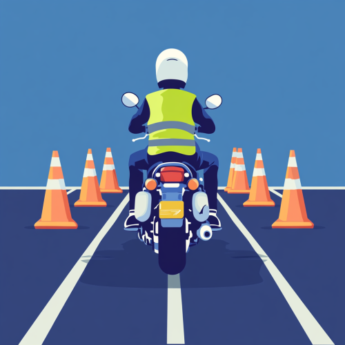 Motorcyclist in yellow vest rides on road with cones