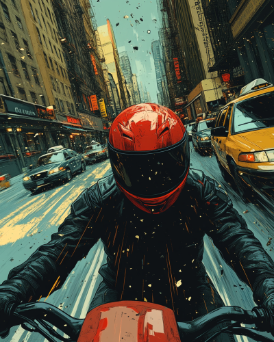 Motorcyclist zooming through city in colorful cartoon style
