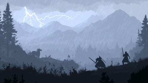 Mountain landscape with silhouettes fighting in heavy rain.