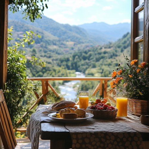 Mountain view, wooden table, fruit, juice, bread, kitchen, river, sky, flowers.