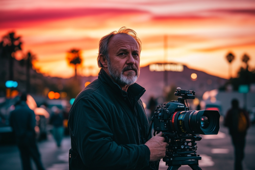 Movie director with camera on set, Hollywood sunset background.