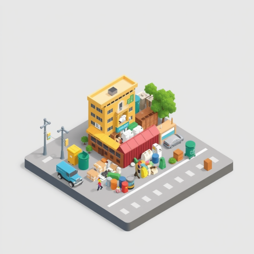 Mumbai's Waste Collection: Minimal Isometric View, Low Poly