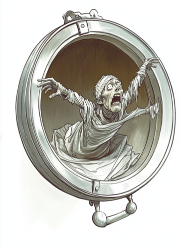 Mummy struggles to escape above a sarcophagus