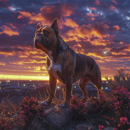 Muscular American Bully Dog at Majestic Sunset Landscape Muscular American Bully Dog at Majestic Sunset Landscape