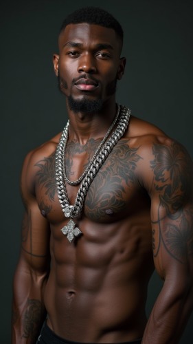 Muscular Dark-Skinned Man with Diamond Chain and Tattoos