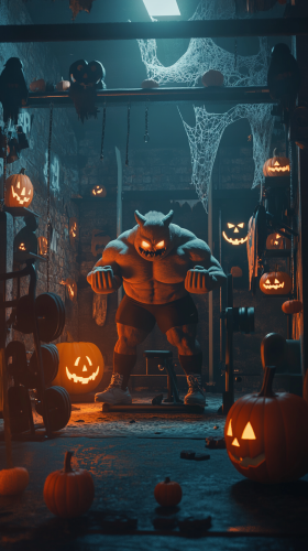 Muscular Halloween Monster Working Out in Spooky Gym