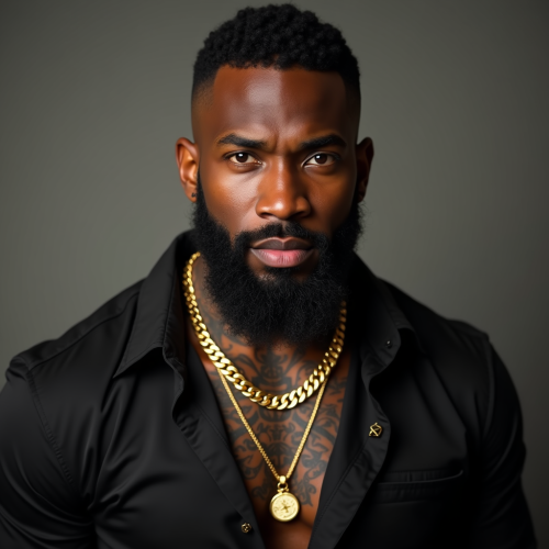 Muscular Man with Tattoos, Beard and Gold Chain