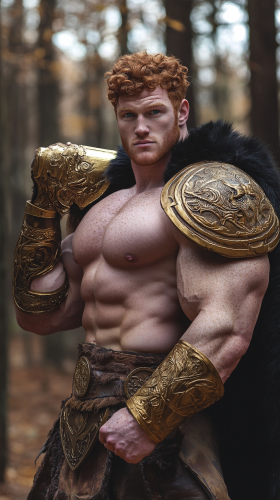 Muscular half-orc in gladiator armor with axe flexing.