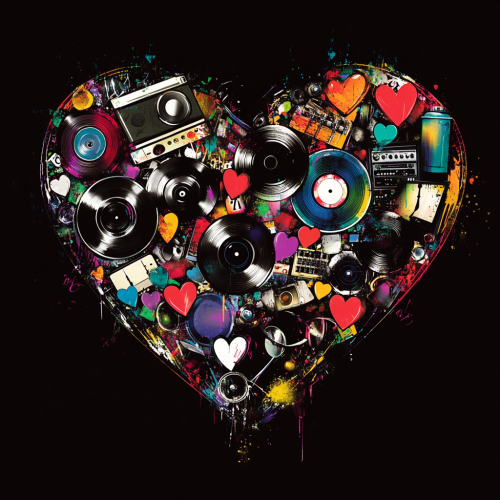 Music Collage: Vinyl Records, Speakers, Graffiti Spray Cans