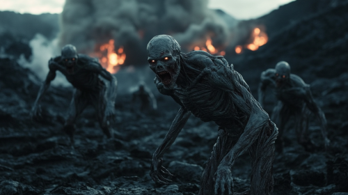 Mutant humans crawl on apocalyptic lava landscape