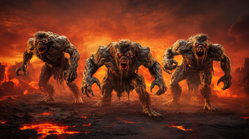 Mutant humans crawling in dark, apocalyptic landscape