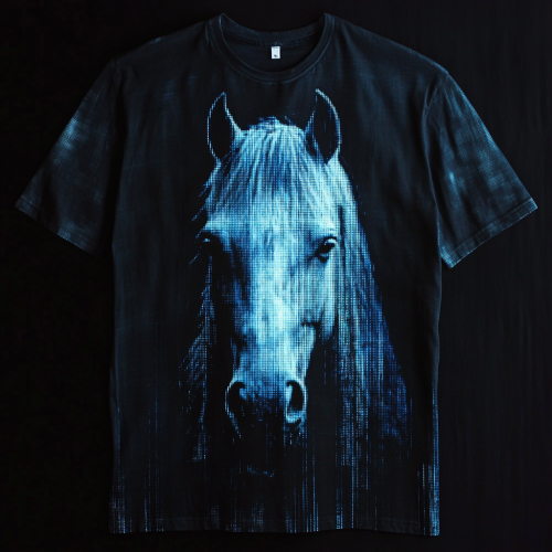 Mysterious Blue Horse T-shirt with Pixelated Design