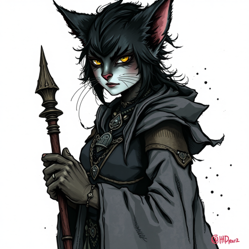 Mysterious Cat Sorceress in Gothic Style Drawing
