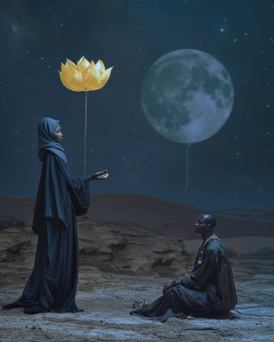 Mysterious Desert Scene with Woman, Man, and Balloon