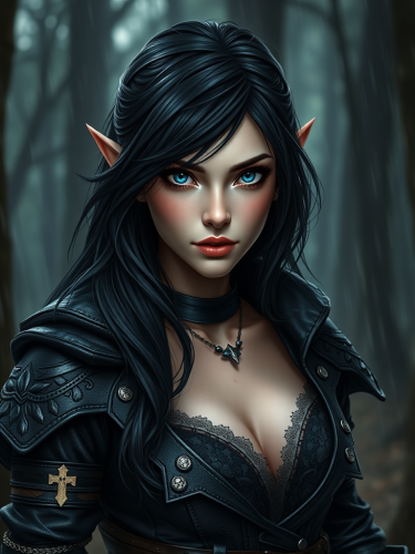 Mysterious Female Elf Rogue in Dark Woods