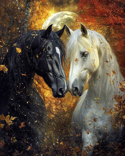 Mysterious Halloween night: two horses in Renaissance elegance